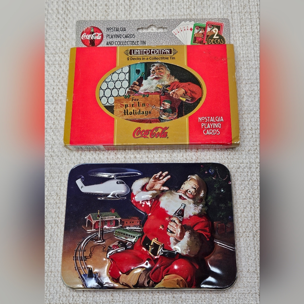 2 Coca-Cola 90's Santa Christmas Collector Tins w/ Sealed Playing Cards